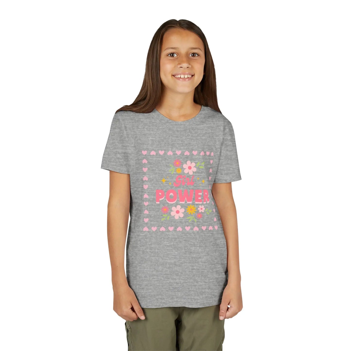 Girl wearing an Athletic Heather soft youth tee with a floral Girl Power design in pink. Lightweight Bella+Canvas, sizes S–XL. Perfect for school, playdates & gifting.