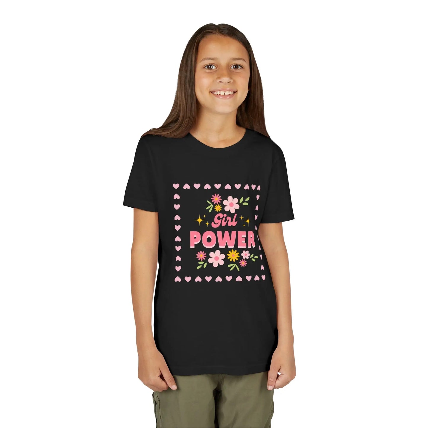 Girl wearing a Black soft youth tee with a floral Girl Power design in pink. Lightweight Bella+Canvas, sizes S–XL. Perfect for school, playdates & gifting.