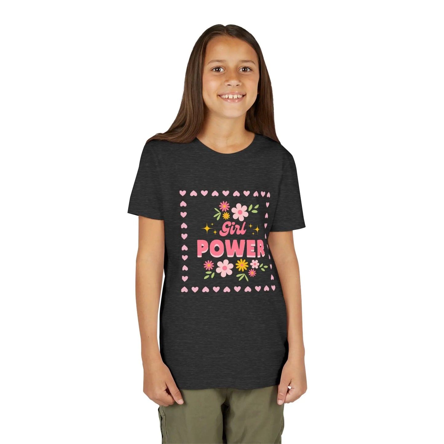 Girl wearing a Dark Grey Heather t-shirt with 'Girl Power' design on a white background