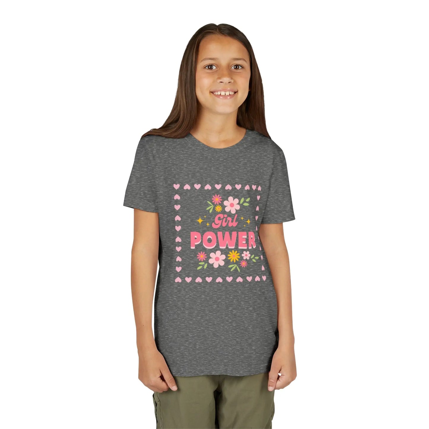 Girl wearing a Deep Heather soft youth tee with a floral Girl Power design in pink. Lightweight Bella+Canvas, sizes S–XL. Perfect for school, playdates & gifting.
