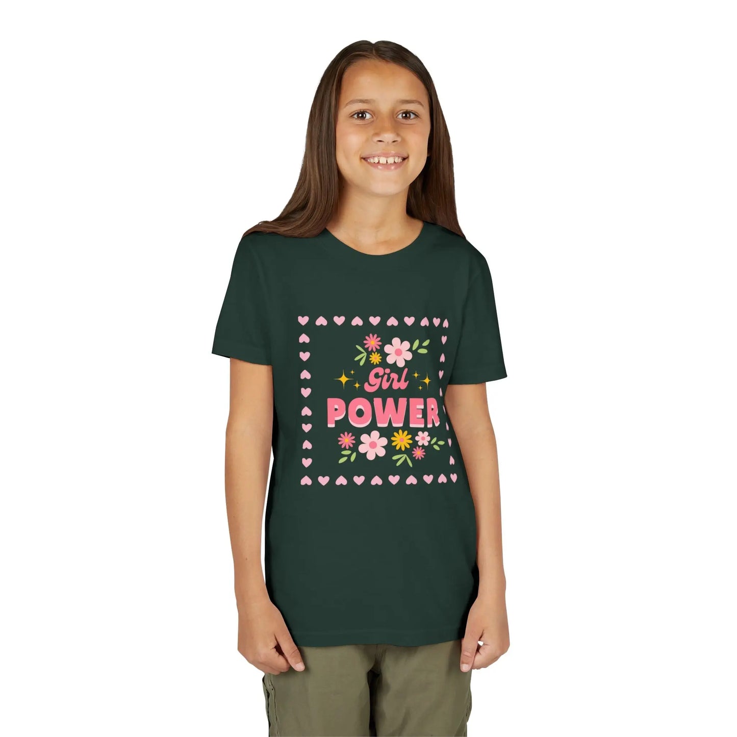 Girl wearing a Forest Green soft youth tee with a floral Girl Power design in pink. Lightweight Bella+Canvas, sizes S–XL. Perfect for school, playdates & gifting.