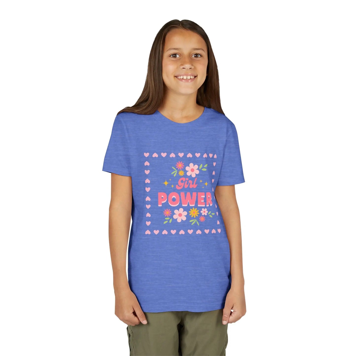 Girl wearing a Heather Columbia Blue soft youth tee with a floral Girl Power design in pink. Lightweight Bella+Canvas, sizes S–XL. Perfect for school, playdates & gifting.