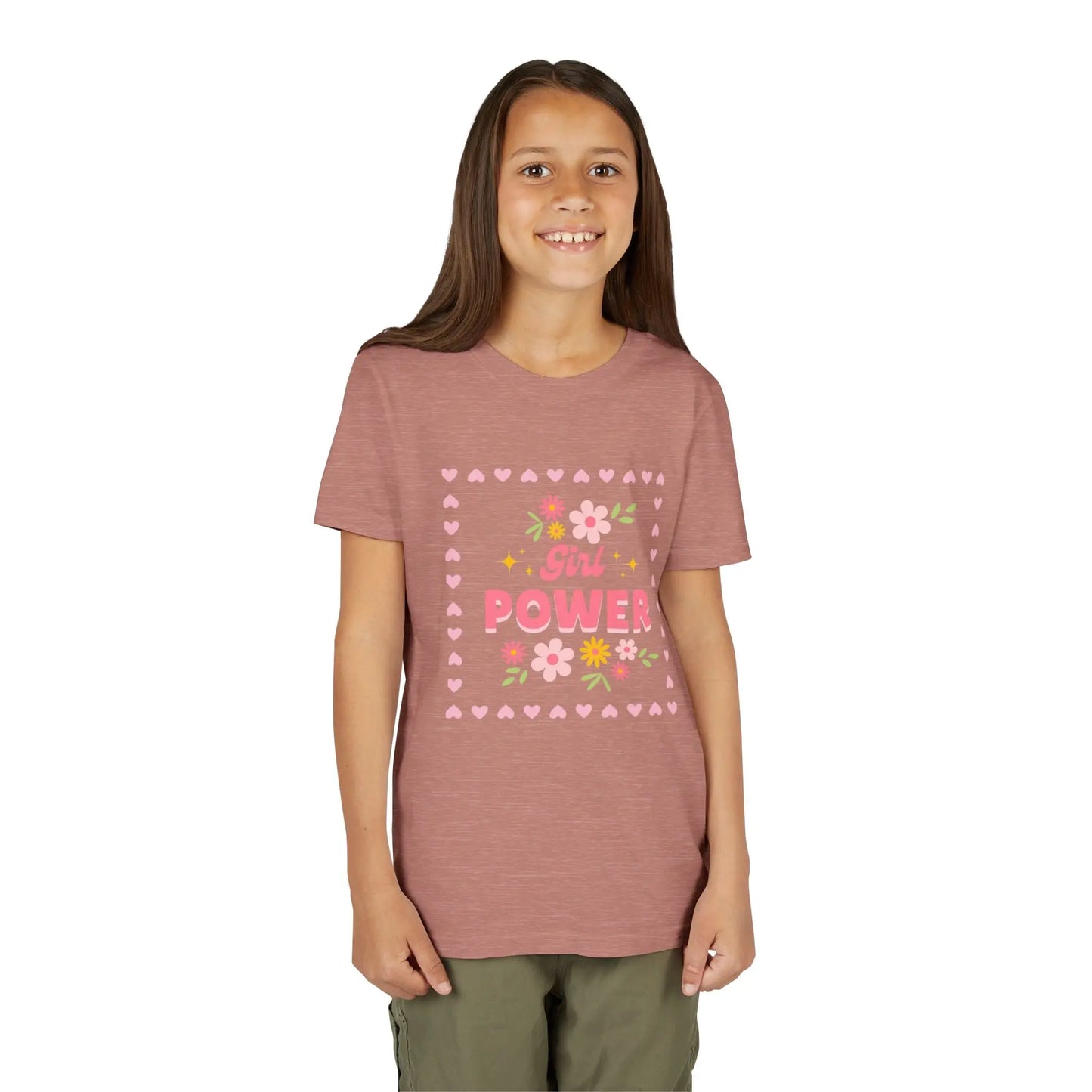 Girl wearing a Heather Mauve soft youth tee with a floral Girl Power design in pink. Lightweight Bella+Canvas, sizes S–XL. Perfect for school, playdates & gifting.