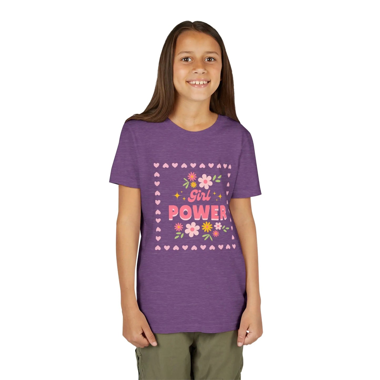 Girl wearing a Heather Team Purple soft youth tee with a floral Girl Power design in pink. Lightweight Bella+Canvas, sizes S–XL. Perfect for school, playdates & gifting.