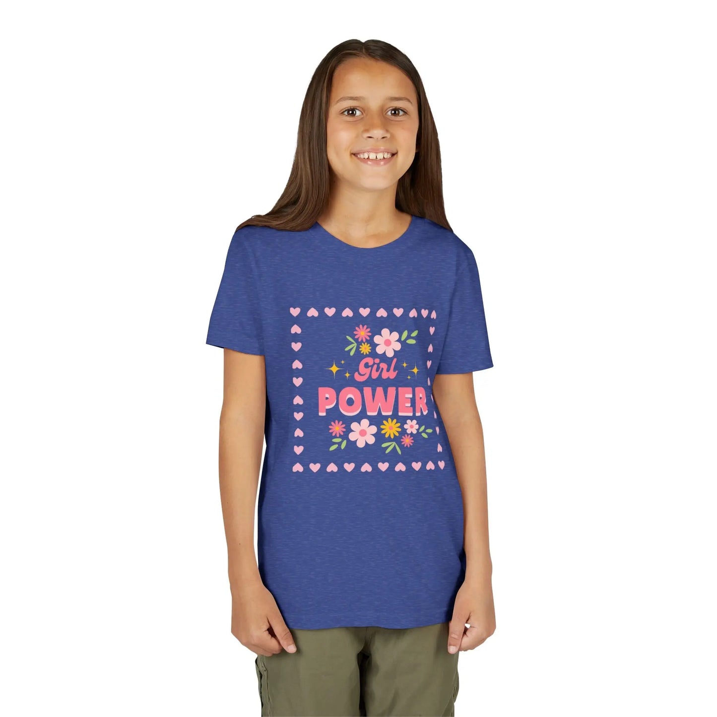 Girl wearing a Heather True Royal soft youth tee with a floral Girl Power design in pink. Lightweight Bella+Canvas, sizes S–XL. Perfect for school, playdates & gifting. 