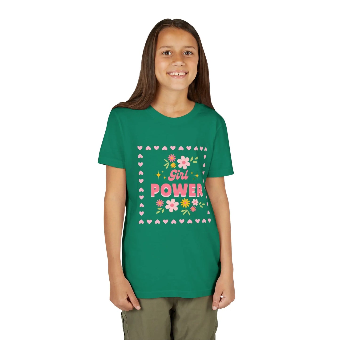 Girl wearing a Kelly Green  soft youth tee with a floral Girl Power design in pink. Lightweight Bella+Canvas, sizes S–XL. Perfect for school, playdates & gifting.