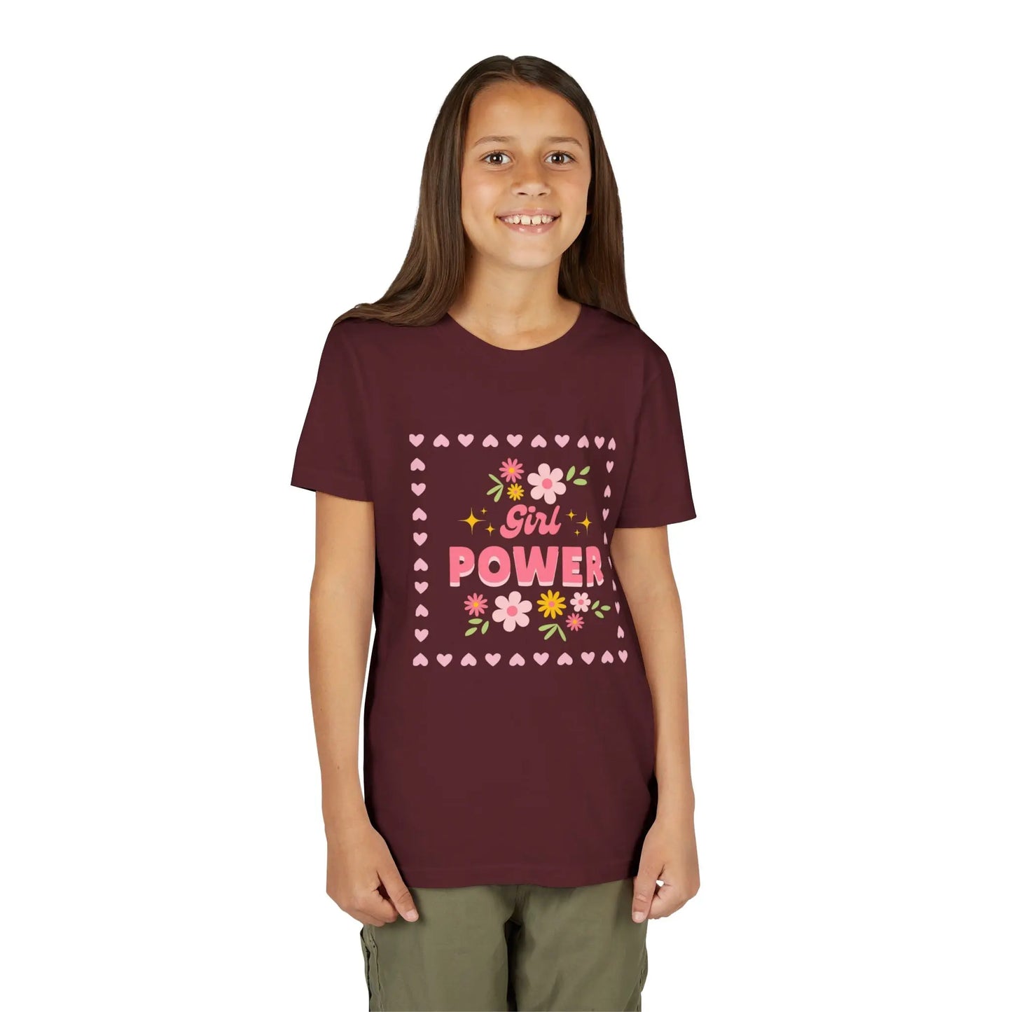 Girl wearing a Maroon soft youth tee with a floral Girl Power design in pink. Lightweight Bella+Canvas, sizes S–XL. Perfect for school, playdates & gifting.