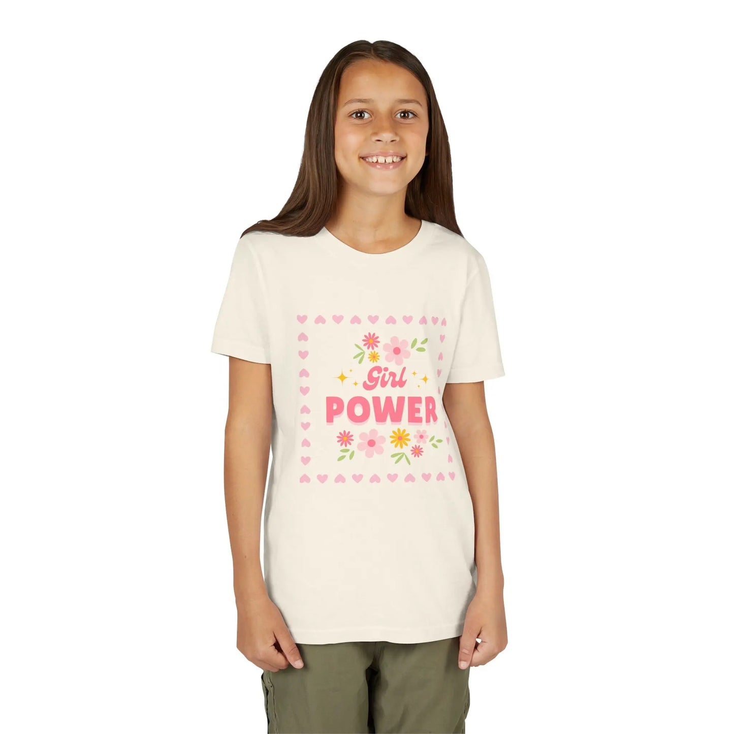 Young girl wearing a 'Girl Power' t-shirt with floral designs on a white background. Natural