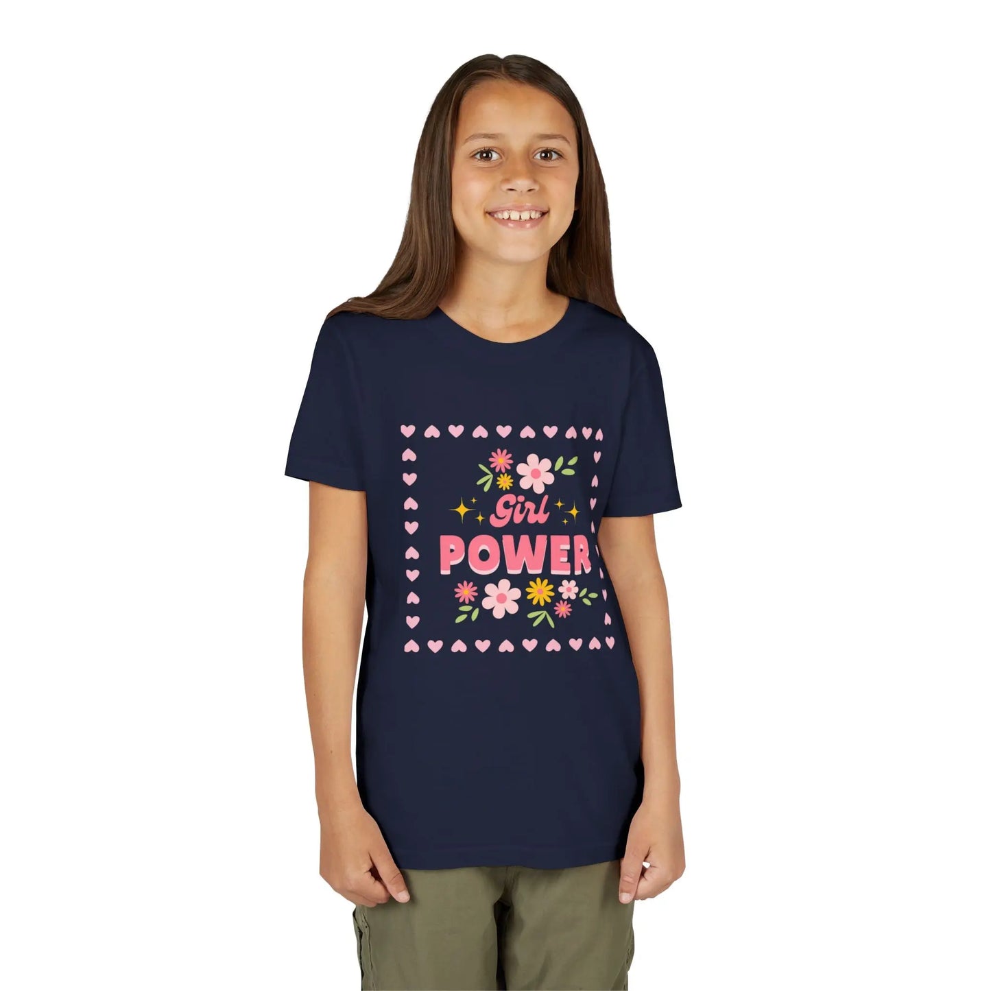 Girl wearing a Navy soft youth tee with a floral Girl Power design in pink. Lightweight Bella+Canvas, sizes S–XL. Perfect for school, playdates & gifting.