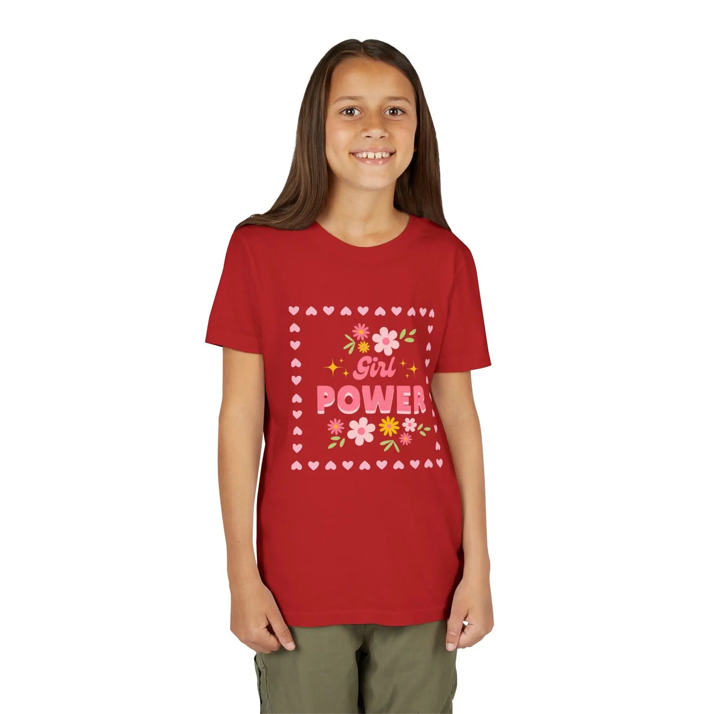 Girl wearing a Red soft youth tee with a floral Girl Power design in pink. Lightweight Bella+Canvas, sizes S–XL. Perfect for school, playdates & gifting.