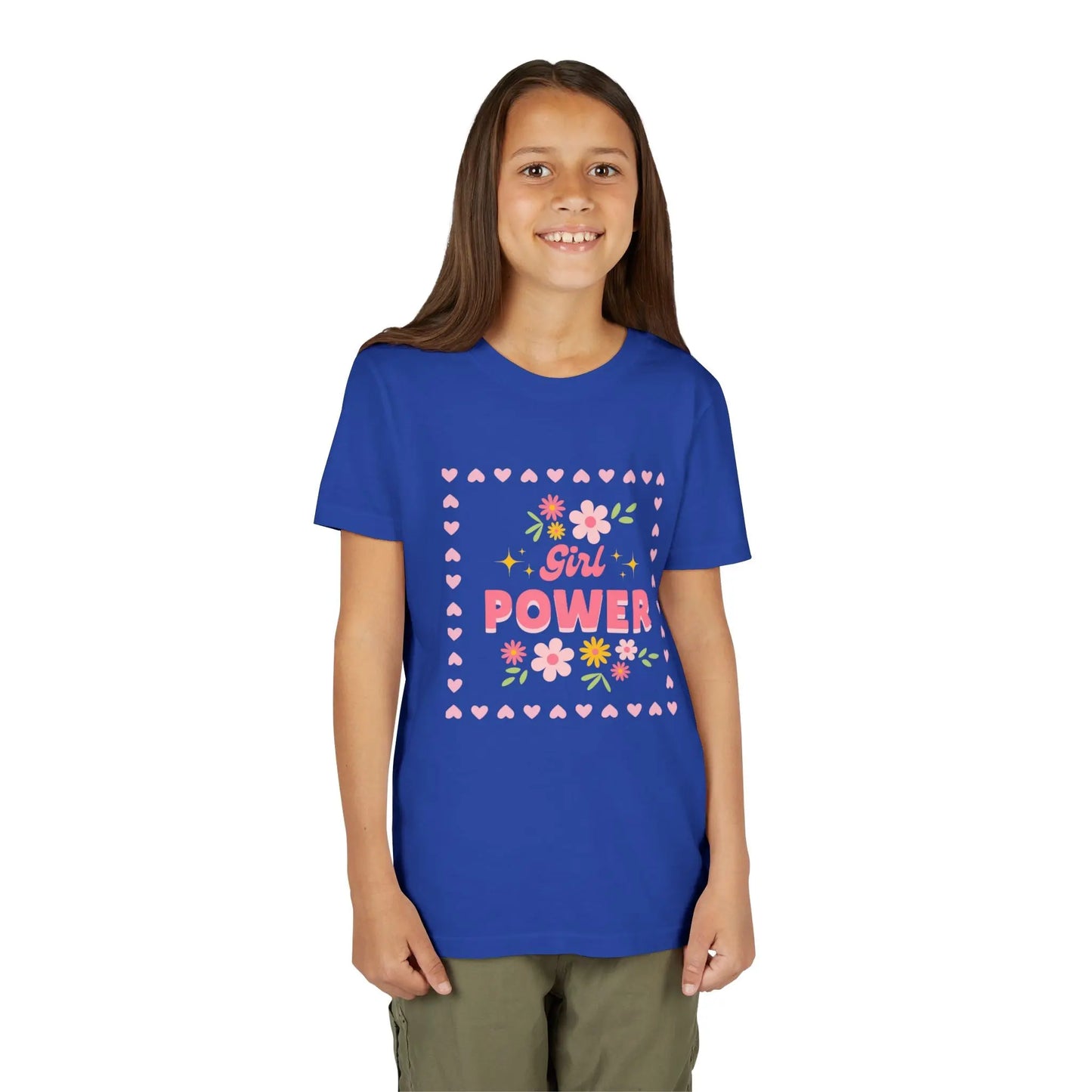 Girl wearing a True Royal soft youth tee with a floral Girl Power design in pink. Lightweight Bella+Canvas, sizes S–XL. Perfect for school, playdates & gifting.