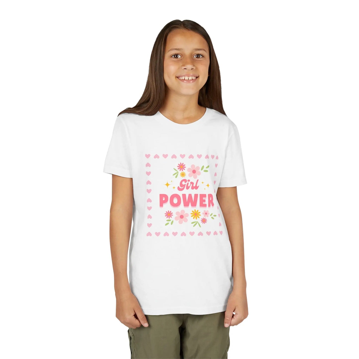Young girl wearing a White soft youth tee with a floral Girl Power design in pink. Lightweight Bella+Canvas, sizes S–XL. Perfect for school, playdates & gifting.  