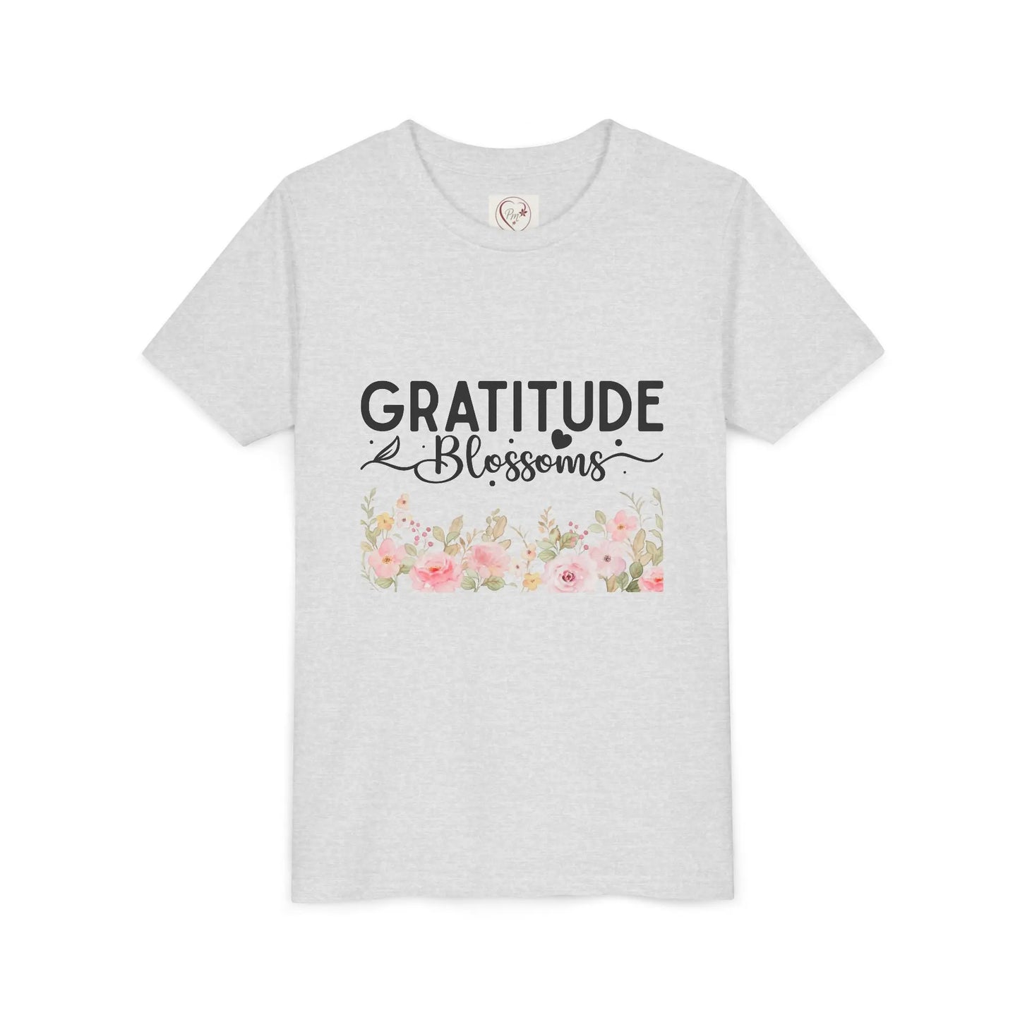 Soft cotton youth tee with Gratitude Blossoms text and watercolor florals. Perfect for church, spring celebrations, and faith-based wear. Sizes S-XL. Ash
