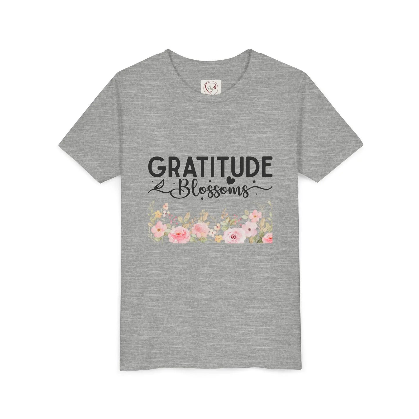 Soft cotton youth tee with Gratitude Blossoms text and watercolor florals. Perfect for church, spring celebrations, and faith-based wear. Sizes S-XL. Athletic Heather
