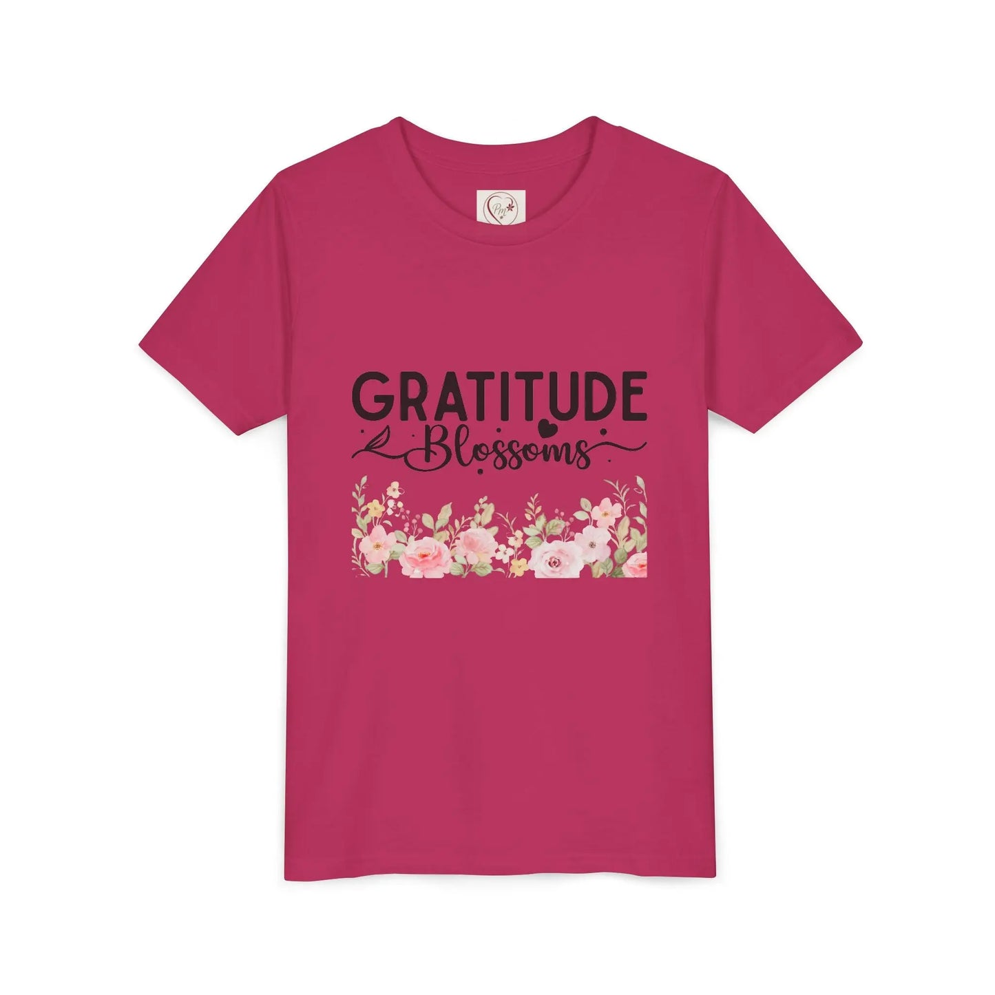 Soft cotton youth tee with Gratitude Blossoms text and watercolor florals. Perfect for church, spring celebrations, and faith-based wear. Sizes S-XL. Berry