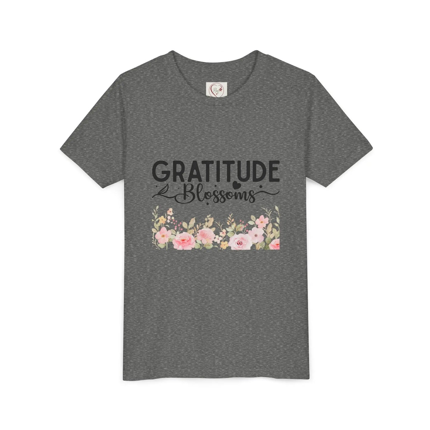 Soft cotton youth tee with Gratitude Blossoms text and watercolor florals. Perfect for church, spring celebrations, and faith-based wear. Sizes S-XL. Deep Heather
