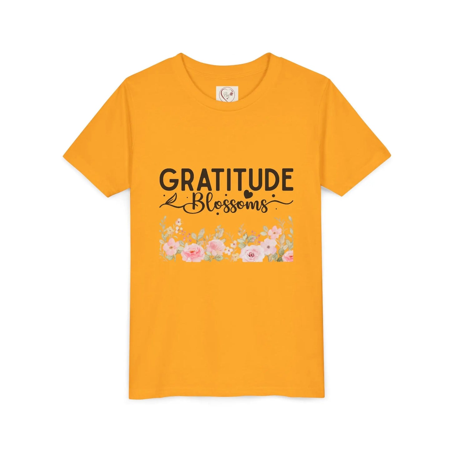 Soft cotton youth tee with Gratitude Blossoms text and watercolor florals. Perfect for church, spring celebrations, and faith-based wear. Sizes S-XL. Gold
