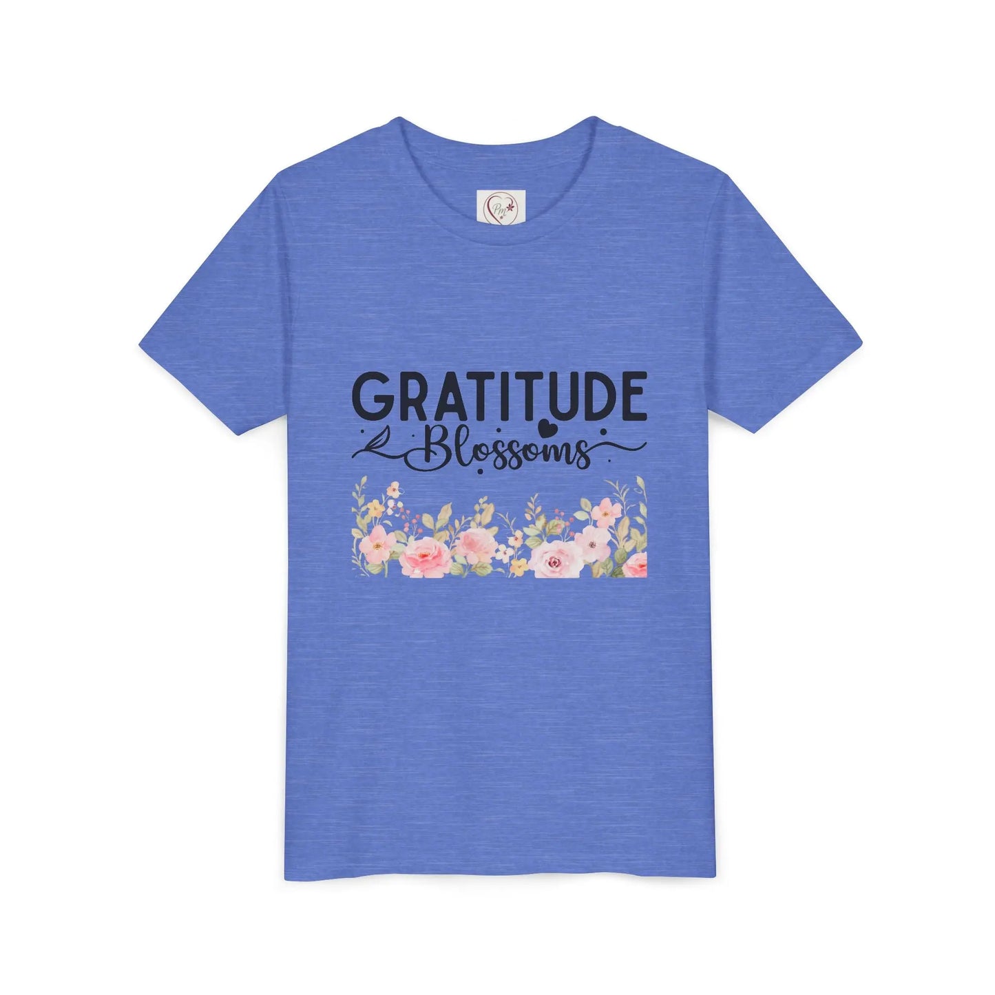 Soft cotton youth tee with Gratitude Blossoms text and watercolor florals. Perfect for church, spring celebrations, and faith-based wear. Sizes S-XL. Heather Columbia Blue
