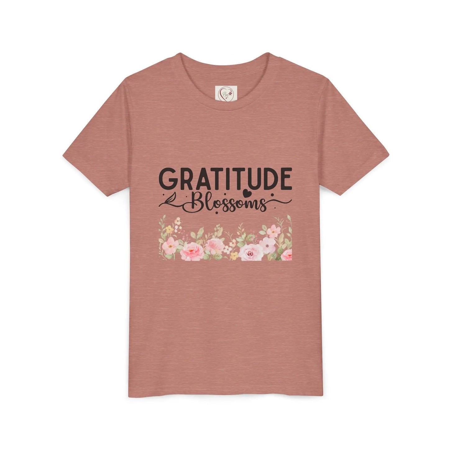 Soft cotton youth tee with Gratitude Blossoms text and watercolor florals. Perfect for church, spring celebrations, and faith-based wear. Sizes S-XL. Heather Mauve
