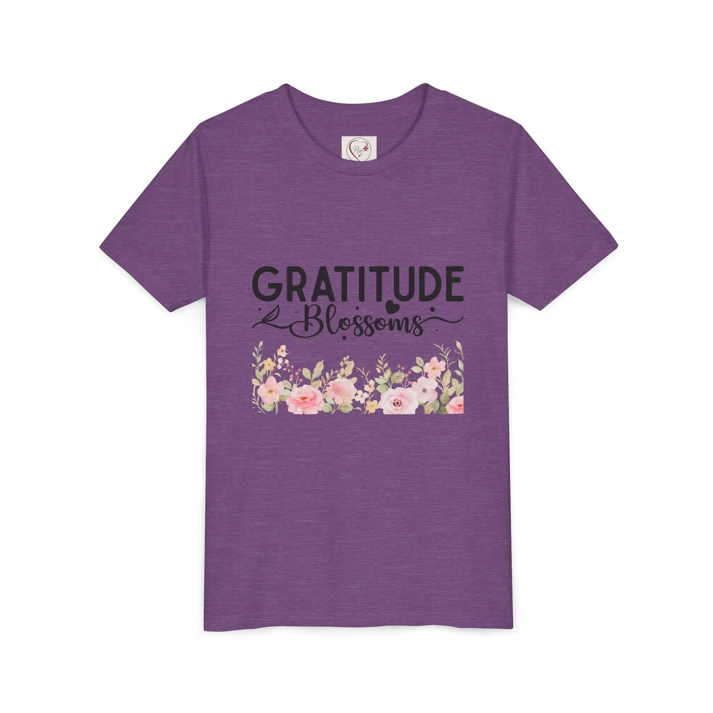 Soft cotton youth tee with Gratitude Blossoms text and watercolor florals. Perfect for church, spring celebrations, and faith-based wear. Sizes S-XL. Heather Team Purple
