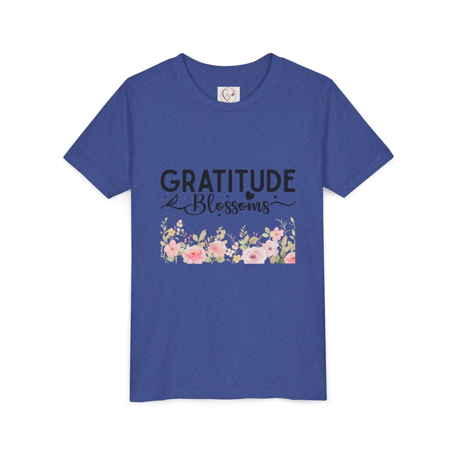 Soft cotton youth tee with Gratitude Blossoms text and watercolor florals. Perfect for church, spring celebrations, and faith-based wear. Sizes S-XL. Heather True Royal