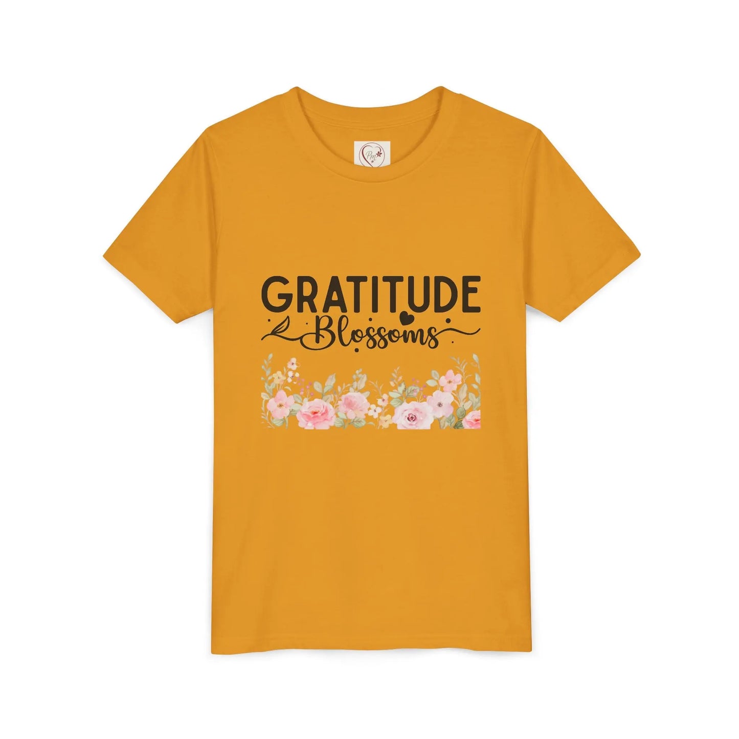 Soft cotton youth tee with Gratitude Blossoms text and watercolor florals. Perfect for church, spring celebrations, and faith-based wear. Sizes S-XL. Mustard
