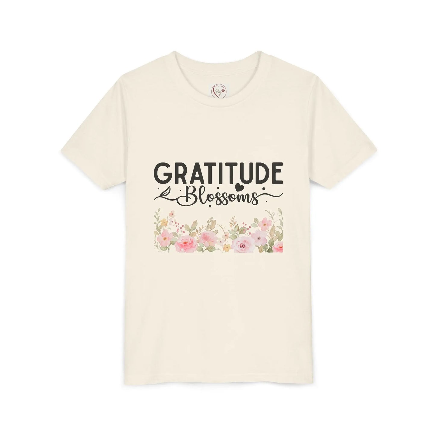 Soft cotton youth tee with Gratitude Blossoms text and watercolor florals. Perfect for church, spring celebrations, and faith-based wear. Sizes S-XL. Natural
