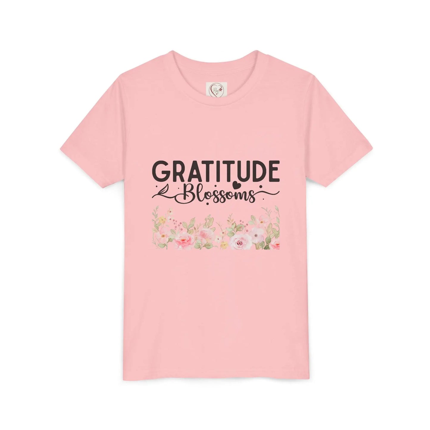Soft cotton youth tee with Gratitude Blossoms text and watercolor florals. Perfect for church, spring celebrations, and faith-based wear. Sizes S-XL. Pink
