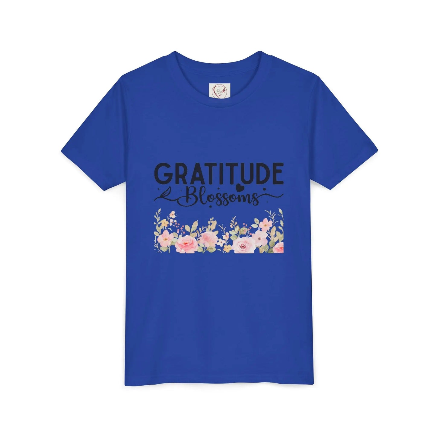 Soft cotton youth tee with Gratitude Blossoms text and watercolor florals. Perfect for church, spring celebrations, and faith-based wear. Sizes S-XL. True Royal
