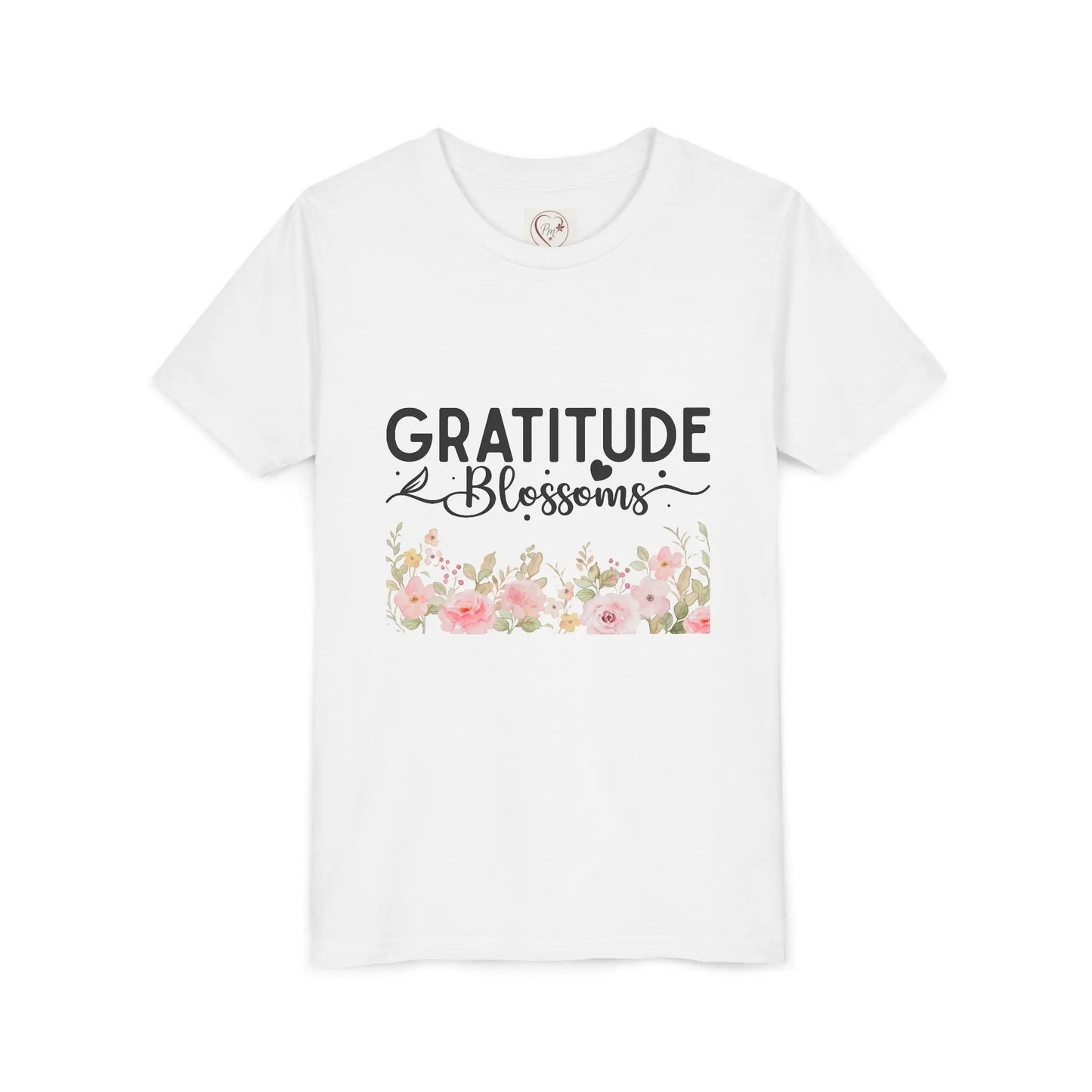 Soft cotton youth tee with Gratitude Blossoms text and watercolor florals. Perfect for church, spring celebrations, and faith-based wear. Sizes S-XL. White
