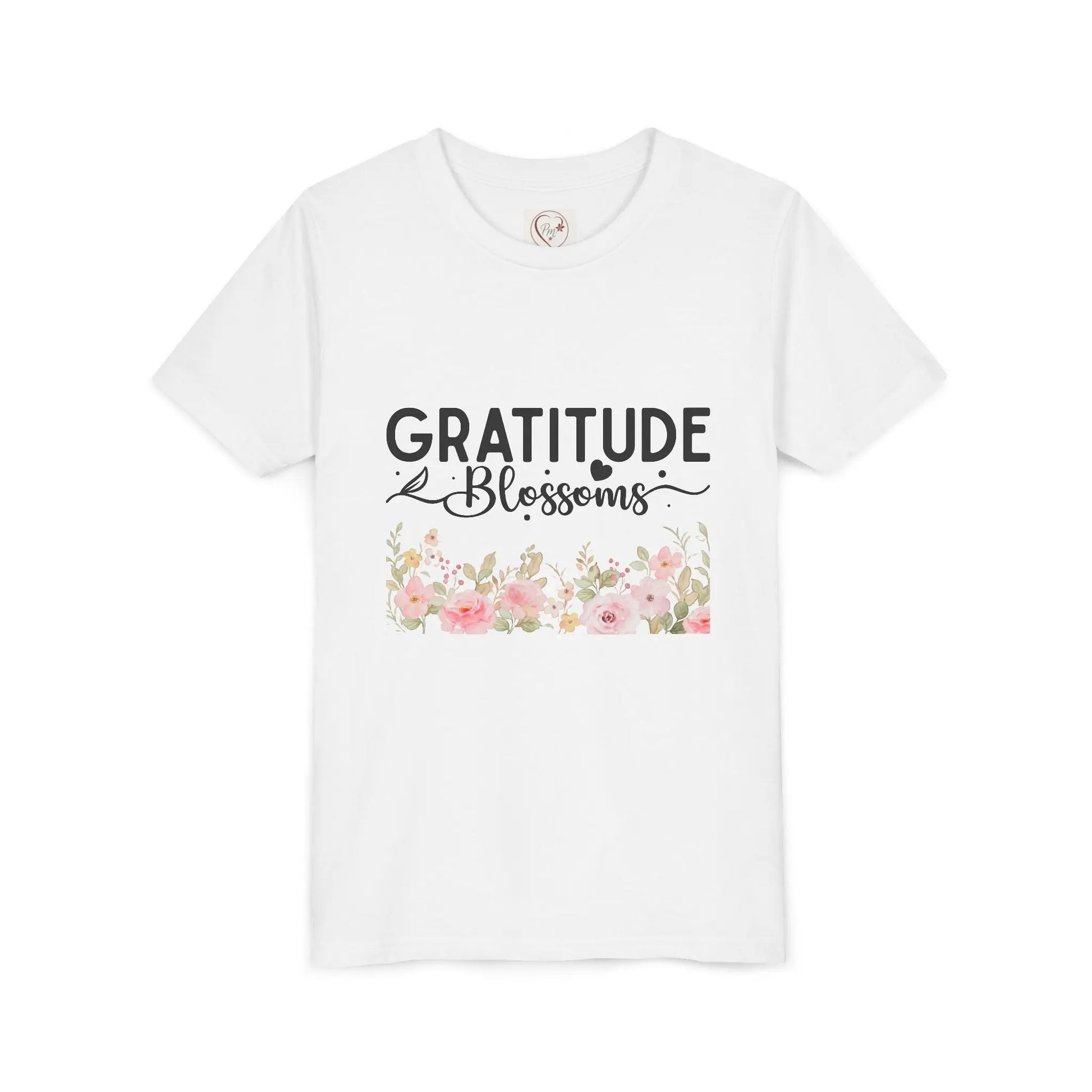 Soft cotton youth tee with Gratitude Blossoms text and watercolor florals. Perfect for church, spring celebrations, and faith-based wear. Sizes S-XL. White
