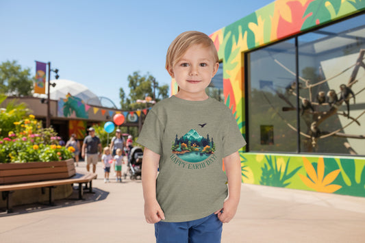 Toddler wearing Happy Earth Day tee with mountain lake and evergreen forest design, Heather Stone

