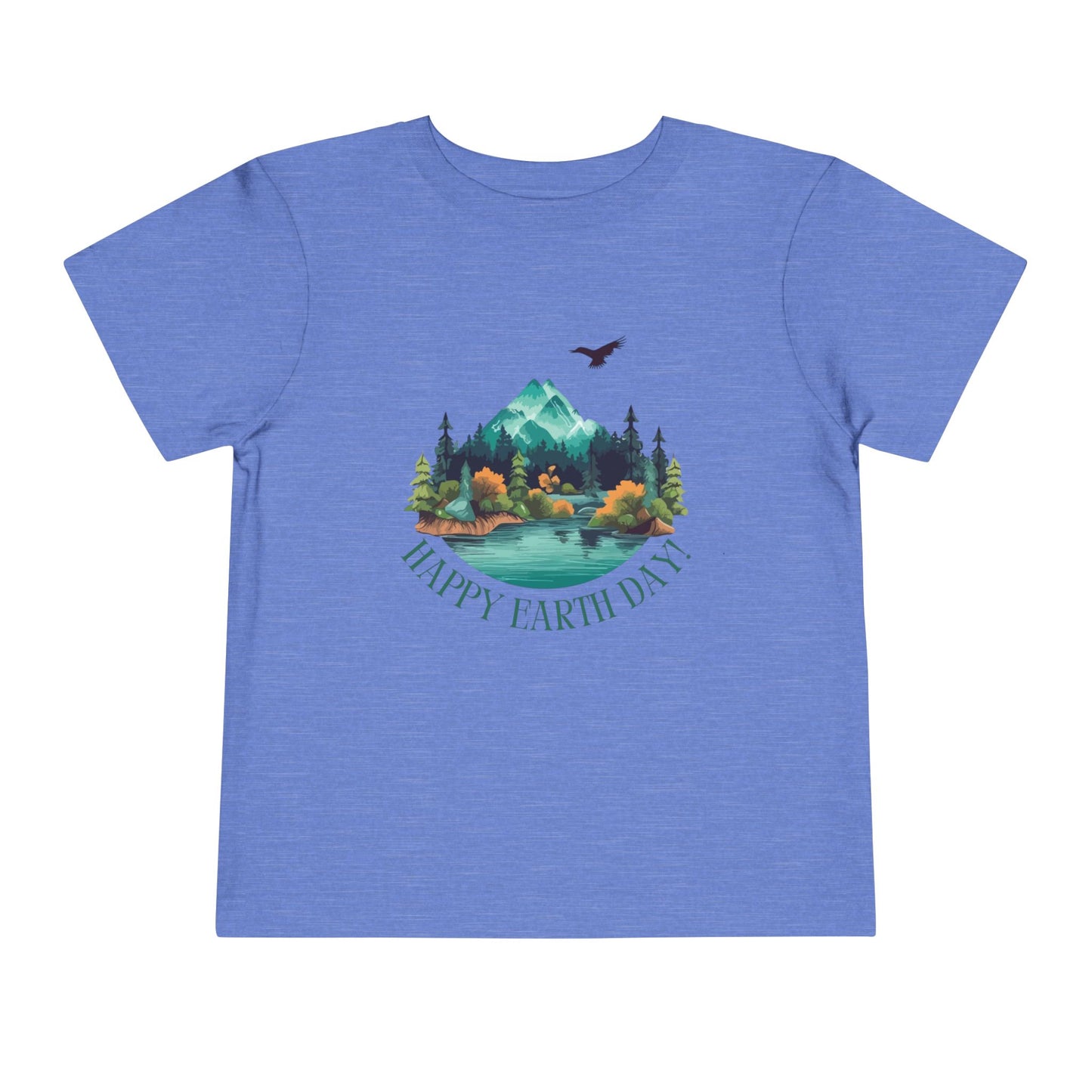 Soft cotton toddler tee with mountain lake woodland scene and Happy Earth Day message. Perfect for nature-loving kids. Sizes 2T-5T.
Heather Columbia Blue