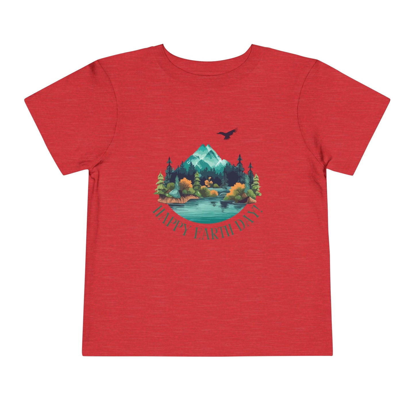 Soft cotton toddler tee with mountain lake woodland scene and Happy Earth Day message. Perfect for nature-loving kids. Sizes 2T-5T.
Heather Red