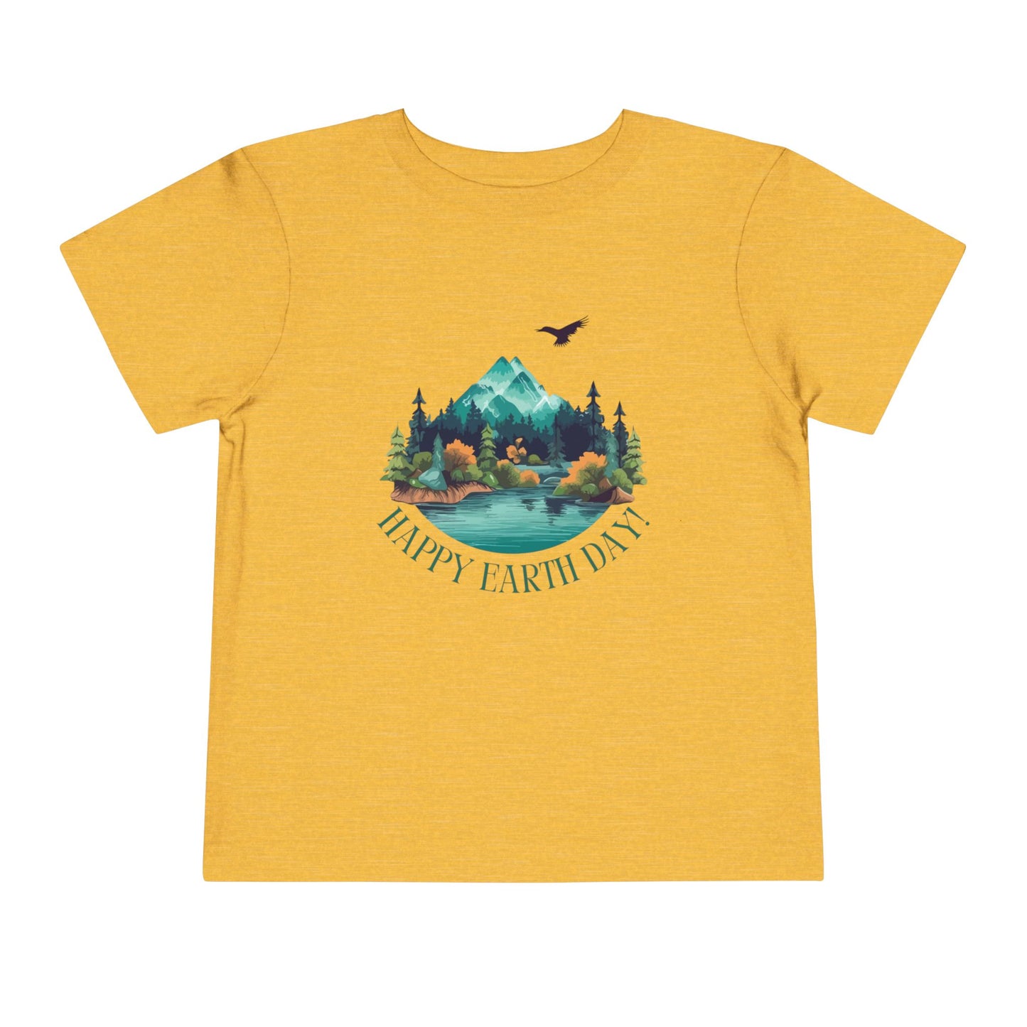 Soft cotton toddler tee with mountain lake woodland scene and Happy Earth Day message. Perfect for nature-loving kids. Sizes 2T-5T.
Heather Yellow Gold