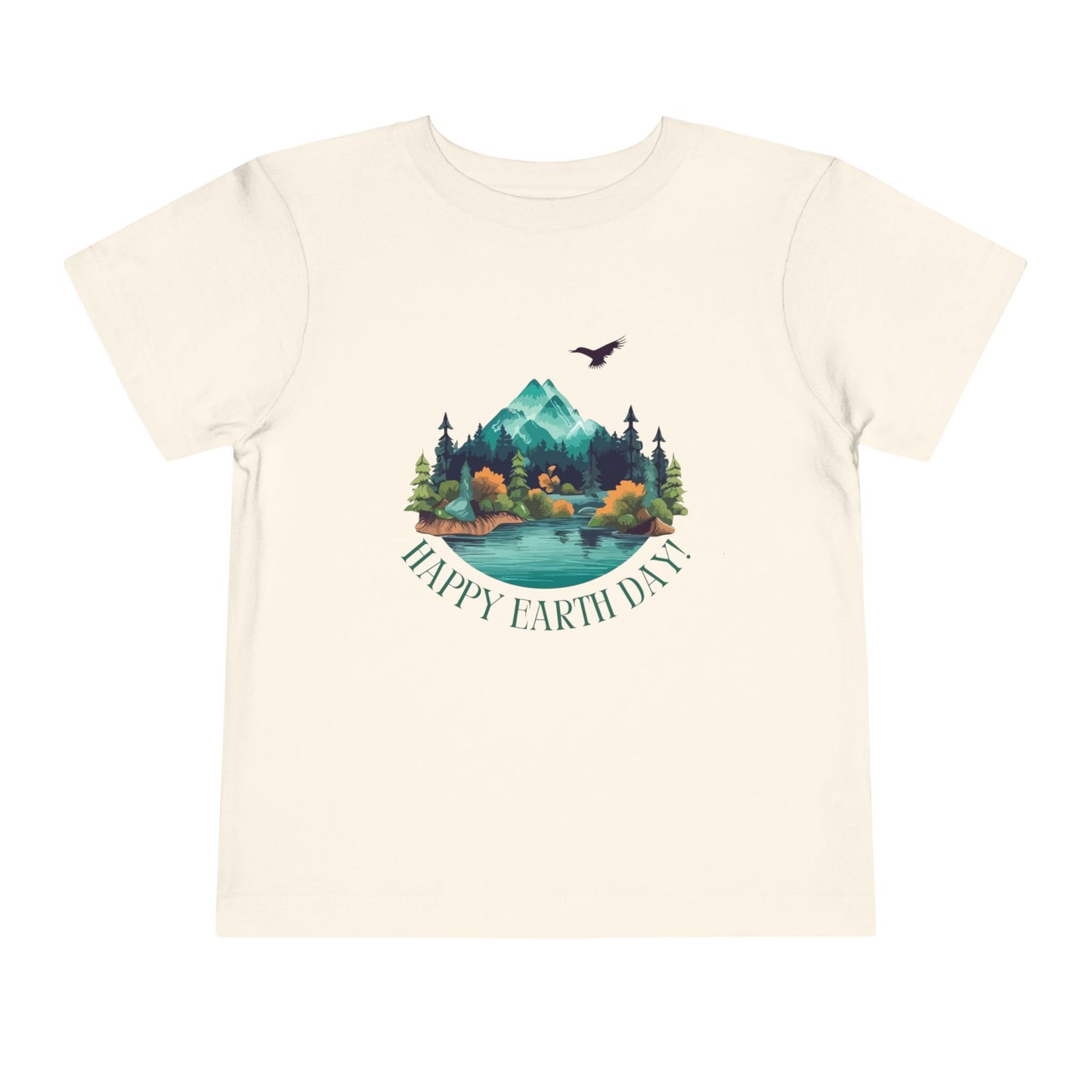 Soft cotton toddler tee with mountain lake woodland scene and Happy Earth Day message. Perfect for nature-loving kids. Sizes 2T-5T.
Natural