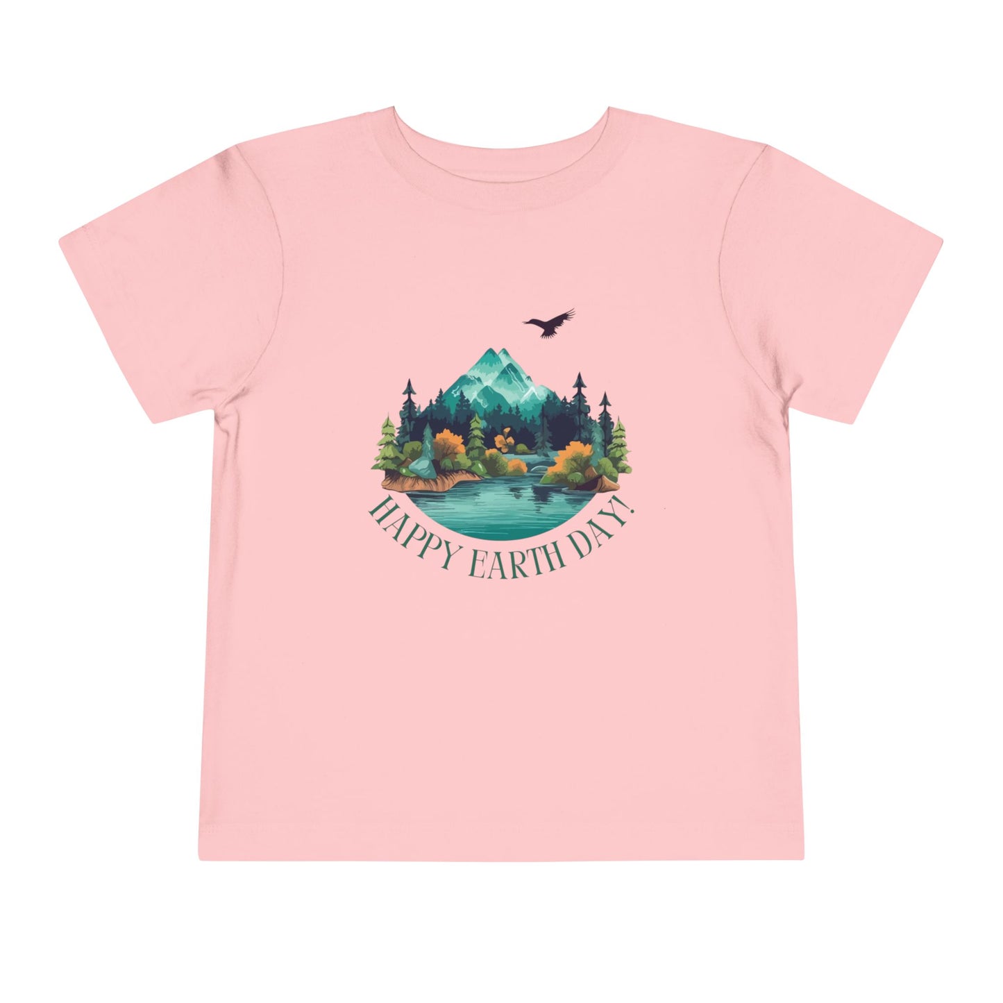 Soft cotton toddler tee with mountain lake woodland scene and Happy Earth Day message. Perfect for nature-loving kids. Sizes 2T-5T.
Pink