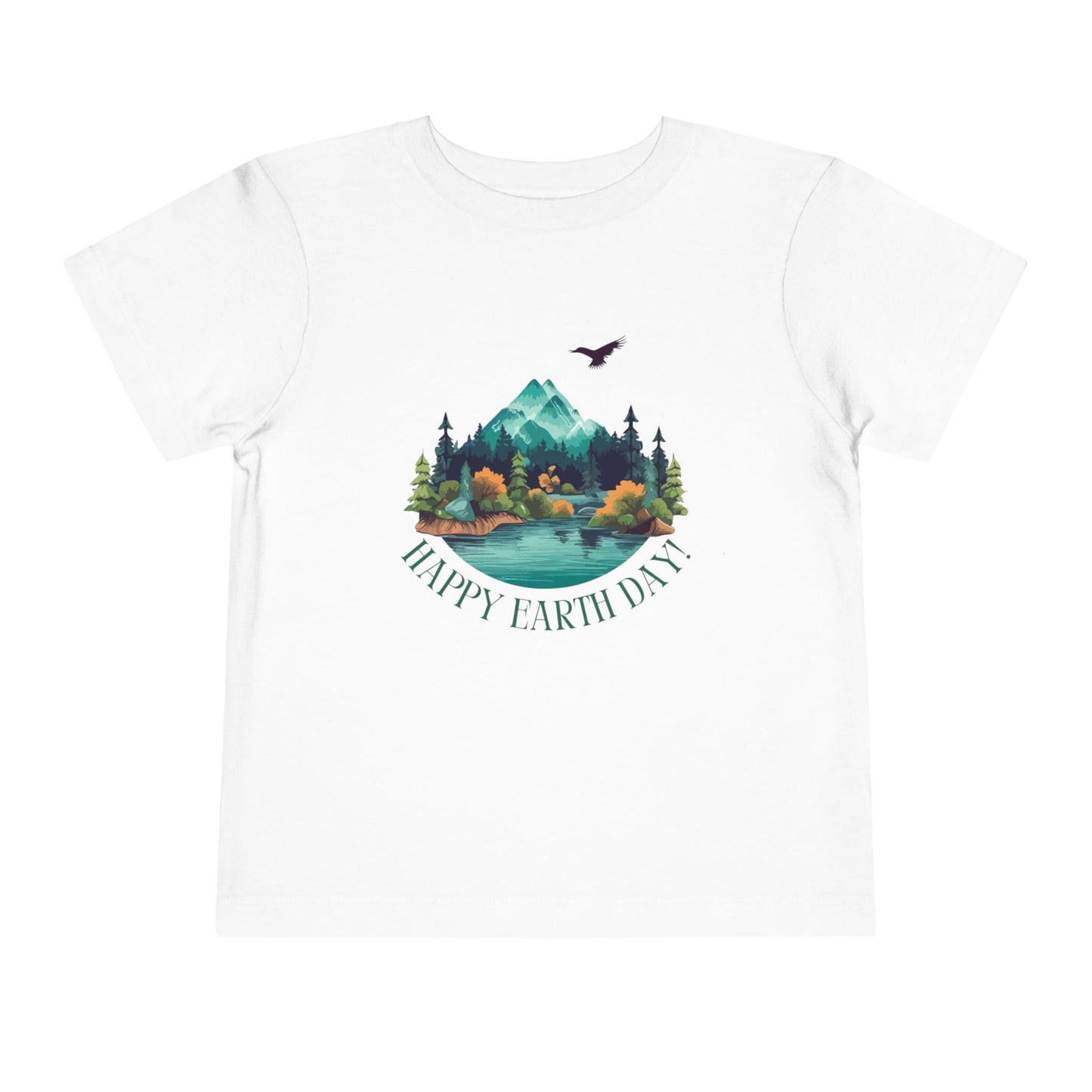 Soft cotton toddler tee with mountain lake woodland scene and Happy Earth Day message. Perfect for nature-loving kids. Sizes 2T-5T.
White