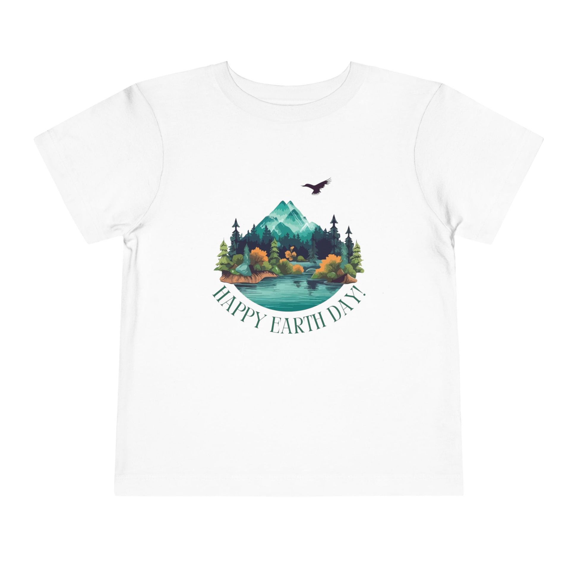 Soft cotton toddler tee with mountain lake woodland scene and Happy Earth Day message. Perfect for nature-loving kids. Sizes 2T-5T.
White
