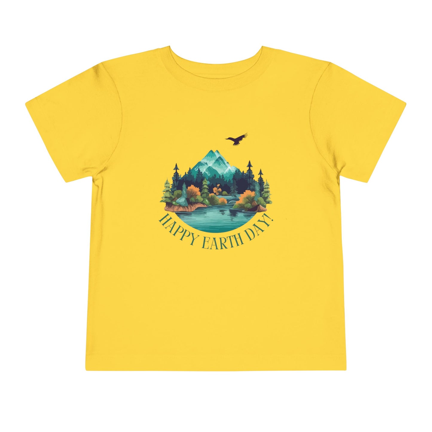 Soft cotton toddler tee with mountain lake woodland scene and Happy Earth Day message. Perfect for nature-loving kids. Sizes 2T-5T.
Yellow