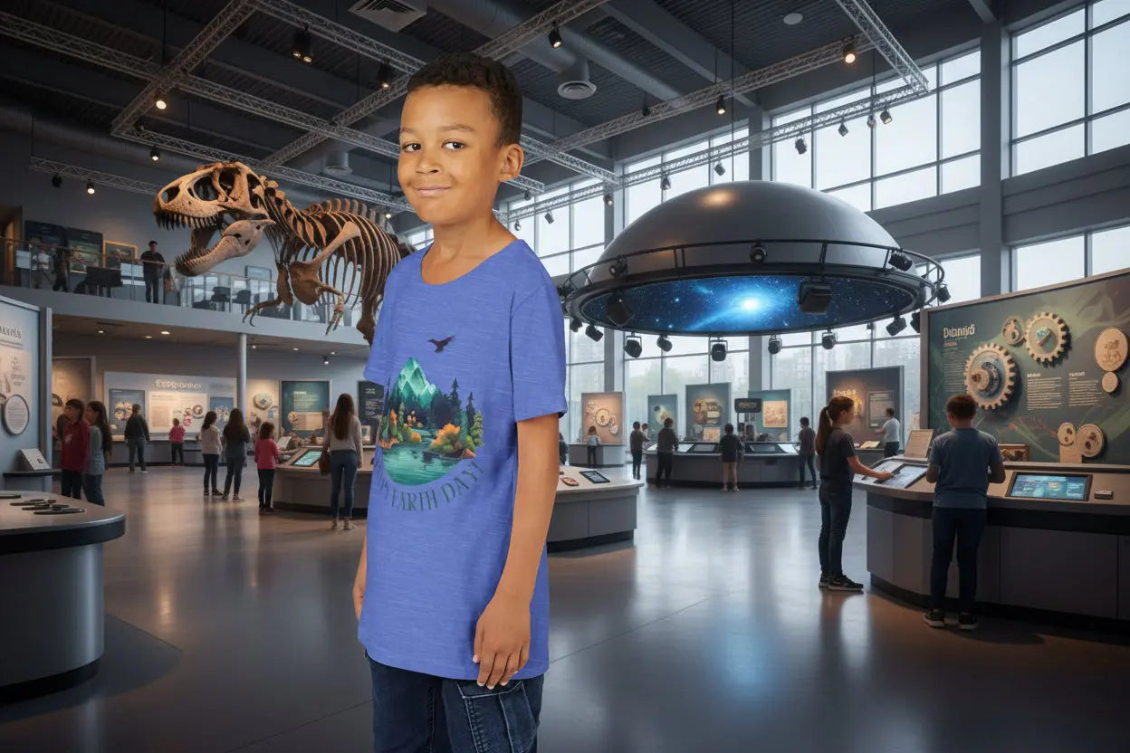 Youth wearing Happy Earth Day tee with mountain lake and evergreen forest design,
Heather Columbia Blue