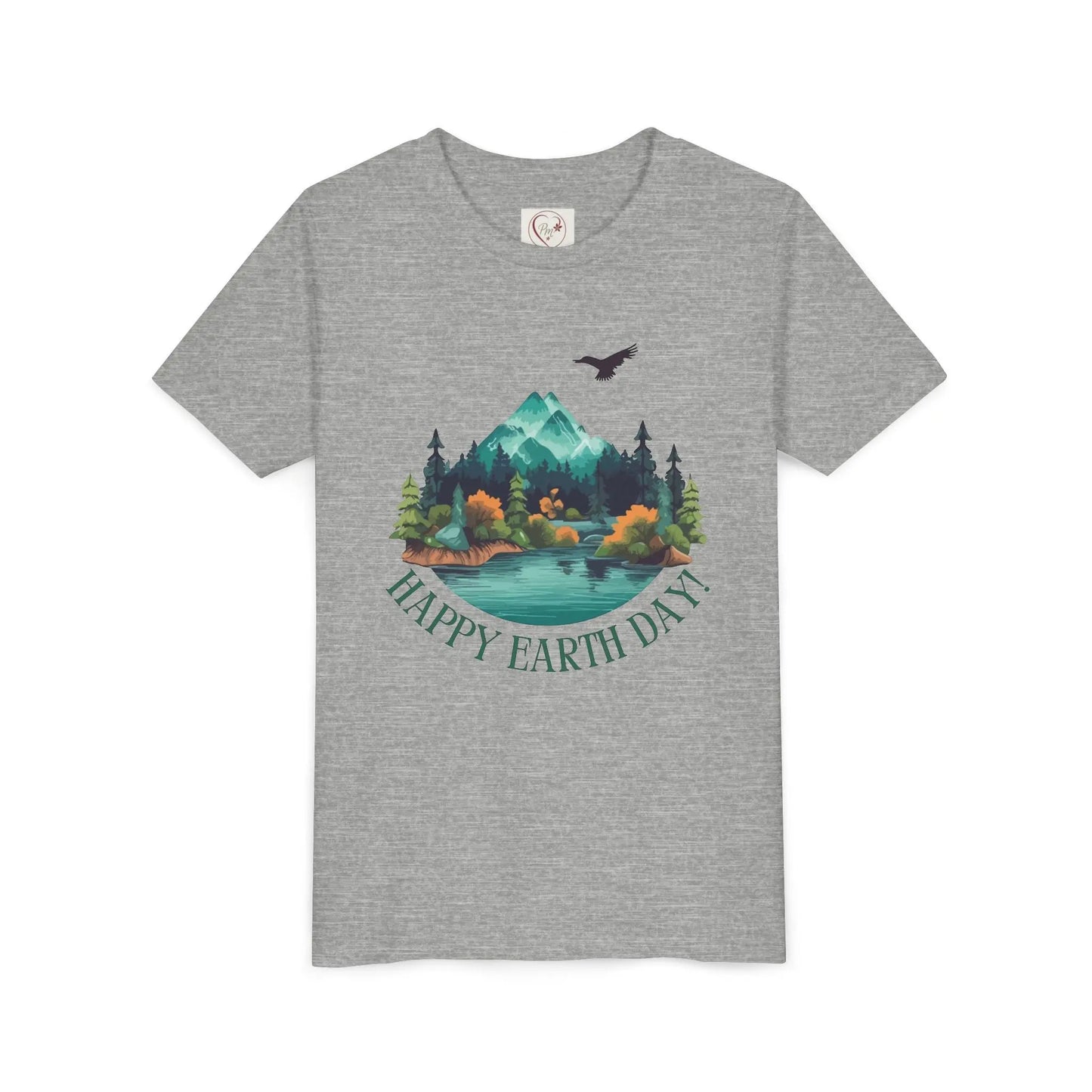 Soft cotton youth tee with mountain lake woodland scene and Happy Earth Day message. Perfect for nature-loving kids. Sizes S-XL.
Athletic Heather