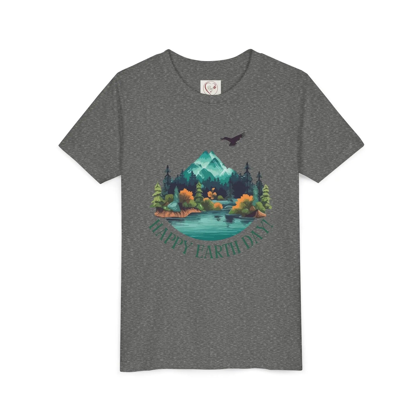 Soft cotton youth tee with mountain lake woodland scene and Happy Earth Day message. Perfect for nature-loving kids. Sizes S-XL.
Deep Heather