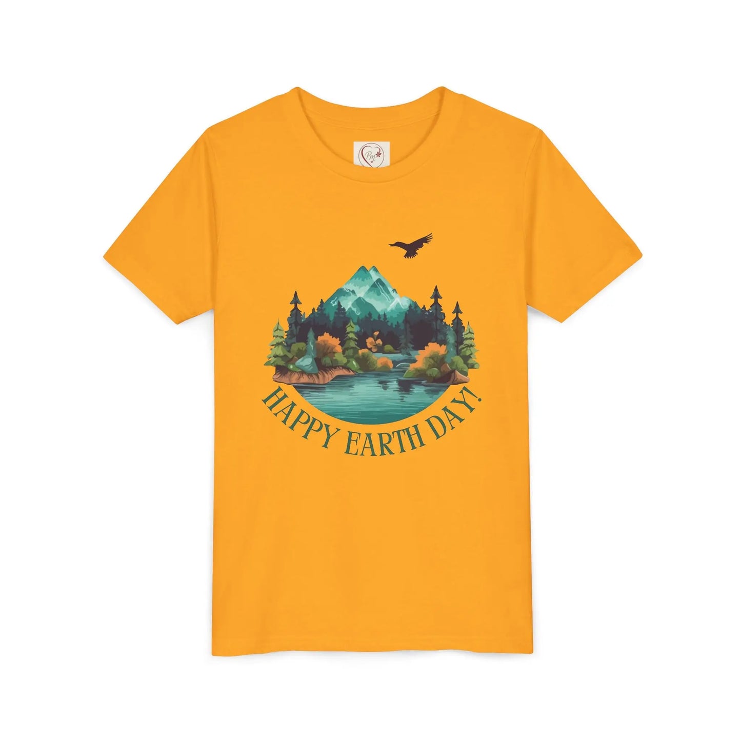 Soft cotton youth tee with mountain lake woodland scene and Happy Earth Day message. Perfect for nature-loving kids. Sizes S-XL.
Gold