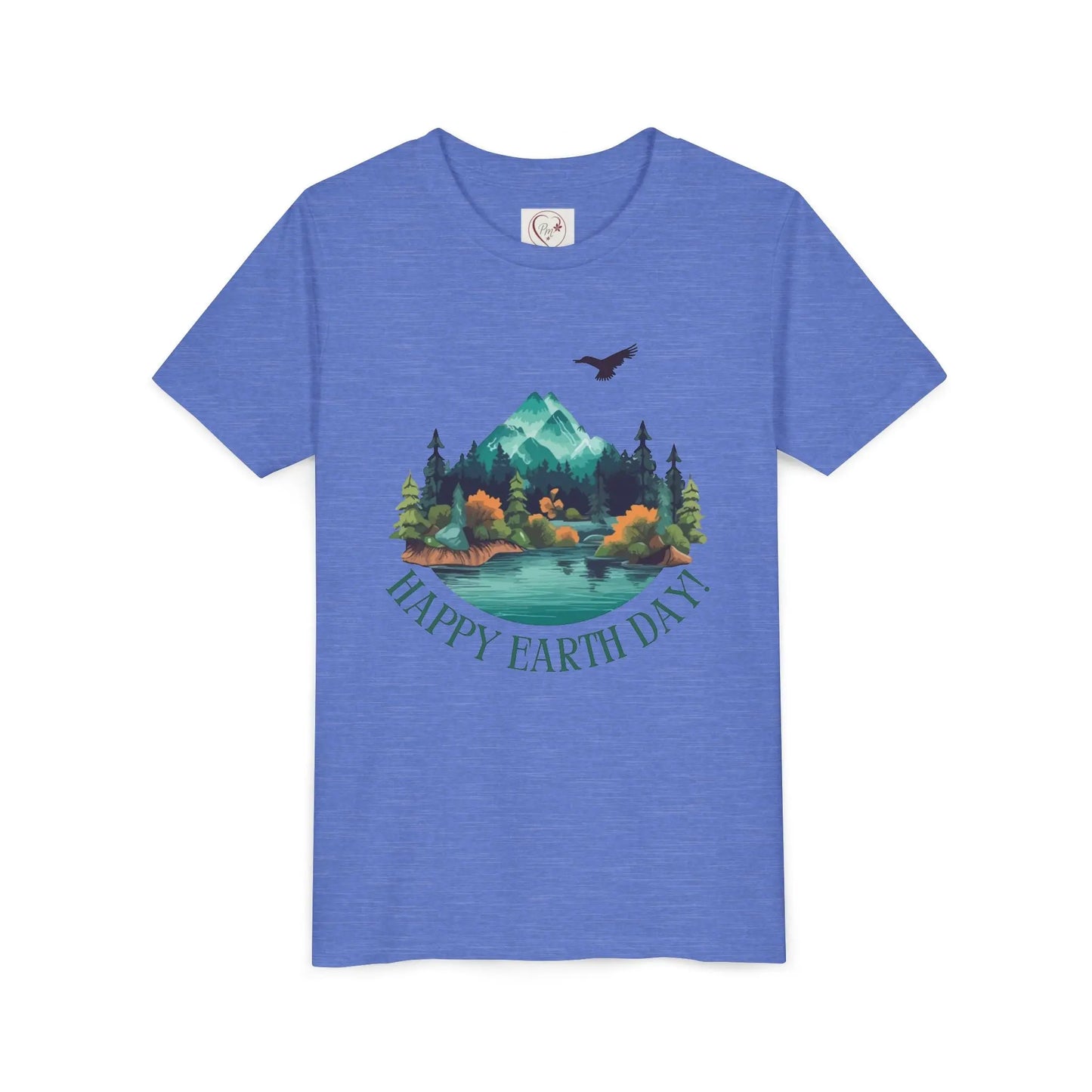 Soft cotton youth tee with mountain lake woodland scene and Happy Earth Day message. Perfect for nature-loving kids. Sizes S-XL.
Heather Columbia Blue