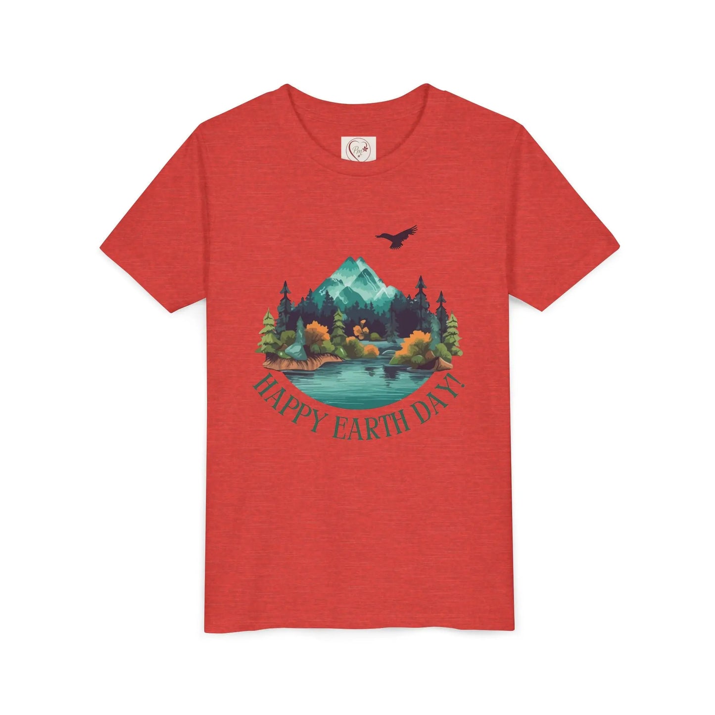 Soft cotton toddler tee with mountain lake woodland scene and Happy Earth Day message. Perfect for nature-loving kids. Sizes S-XL.
Heather Red