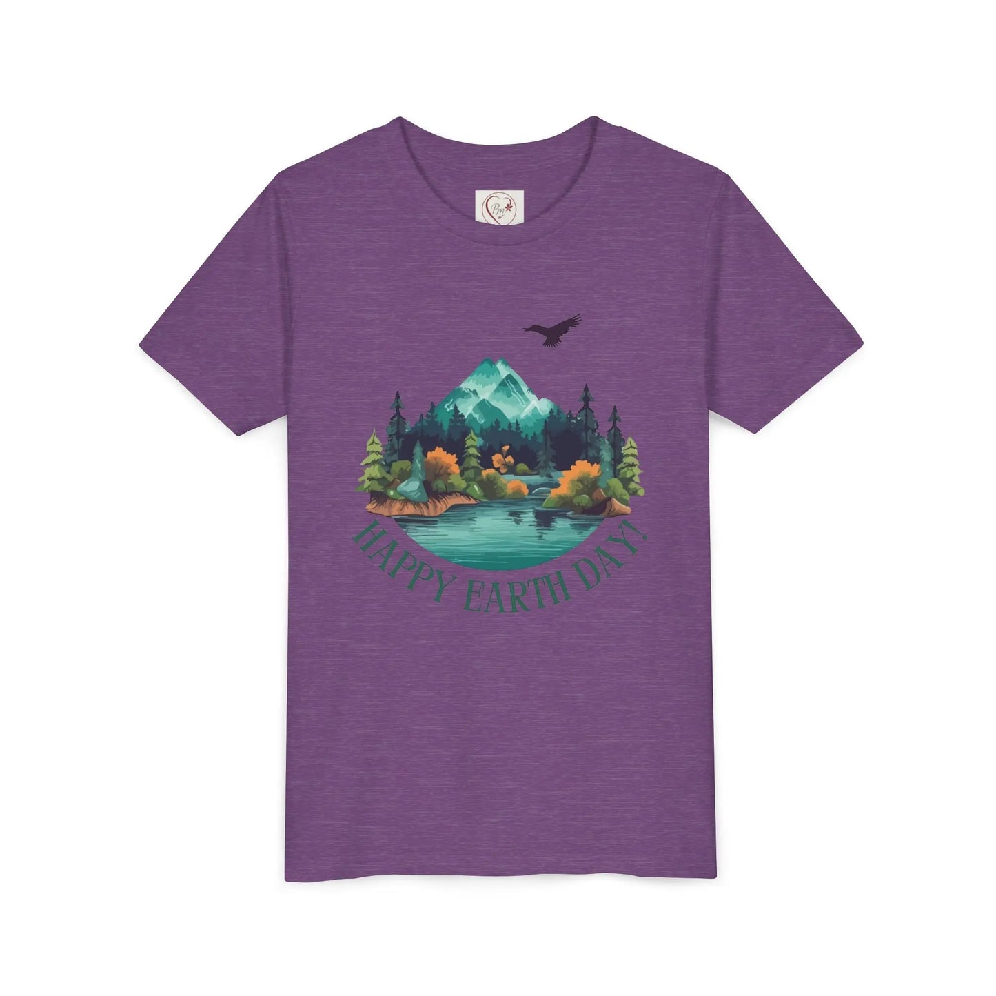 Soft cotton youth tee with mountain lake woodland scene and Happy Earth Day message. Perfect for nature-loving kids. Sizes S-XL.
Heather Team Purple