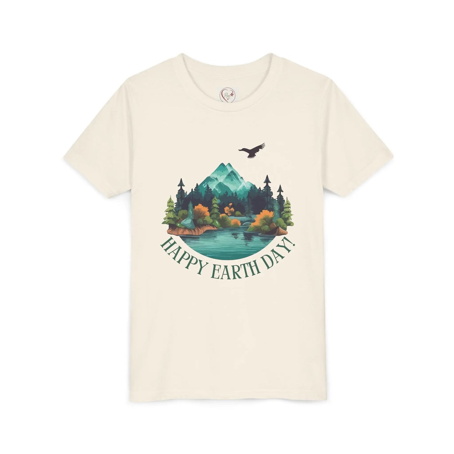 Soft cotton youth tee with mountain lake woodland scene and Happy Earth Day message. Perfect for nature-loving kids. Sizes S-XL.
Natural