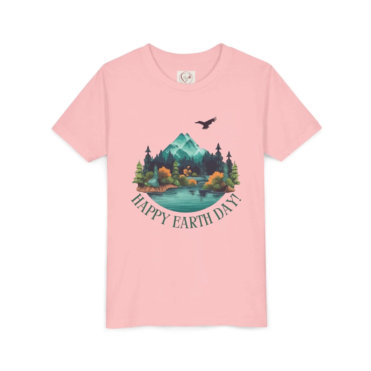 Soft cotton youth tee with mountain lake woodland scene and Happy Earth Day message. Perfect for nature-loving kids. Sizes S-XL.
Pink