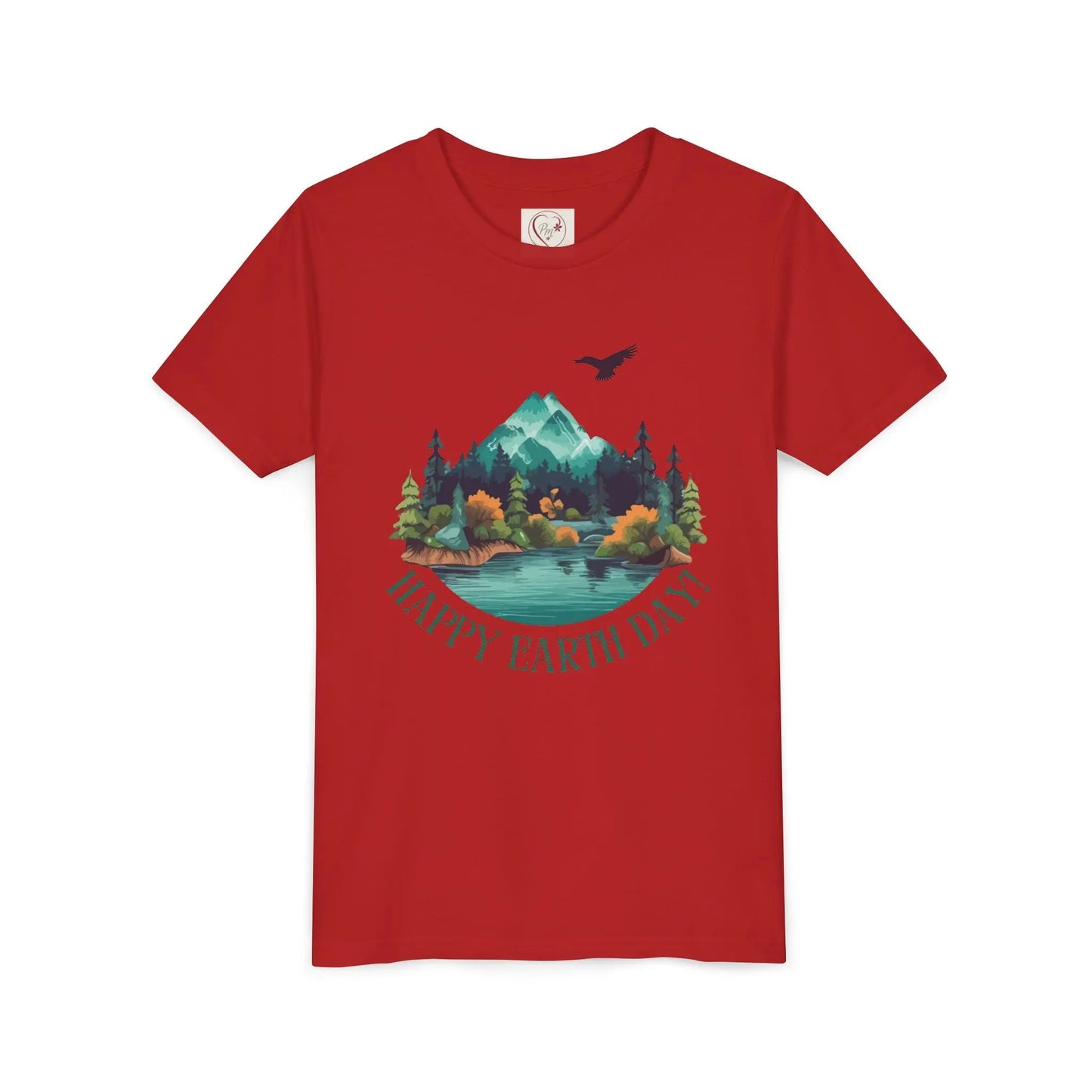 Soft cotton youth tee with mountain lake woodland scene and Happy Earth Day message. Perfect for nature-loving kids. Sizes S-XL.
Red
